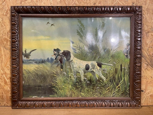 Ancien Chromo Encadré Sous Verre - Scène De Chasse à Courre - Genre Expressionnisme