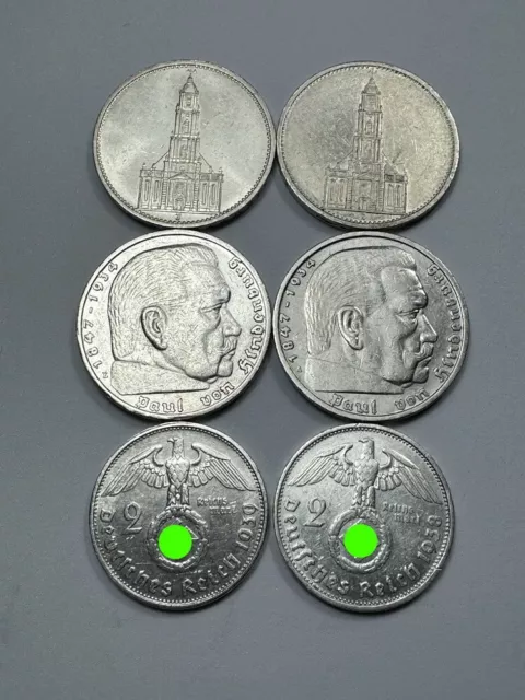 6 Stück 2 + 5 REICHSMARK 1934 - 1939 SILBER MÜNZE GARNISONKIRCHE HINDENBURG