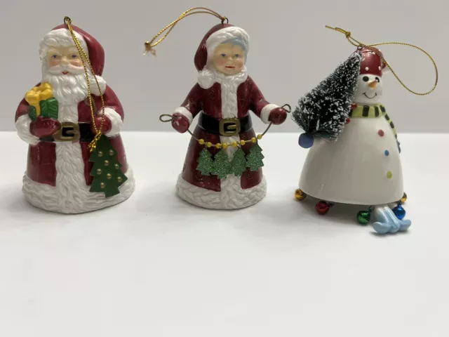 Avon 2002 Mr. & Mrs Claus Santa Christmas Tree Bell Ornaments Decoration Snowman