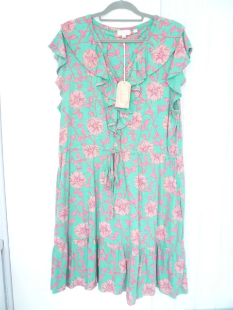 new Fat Face green, pink dress size 18 (20)  floral midi cotton Summer tags £52