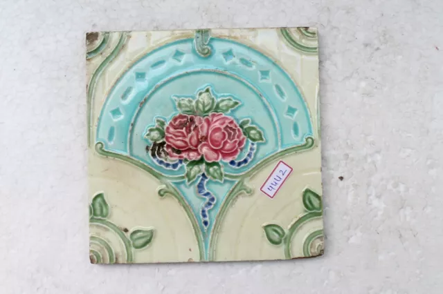 Vintage Tile Art Nouveau Majolica Pink Flower Design Architecture Tile Nh4442