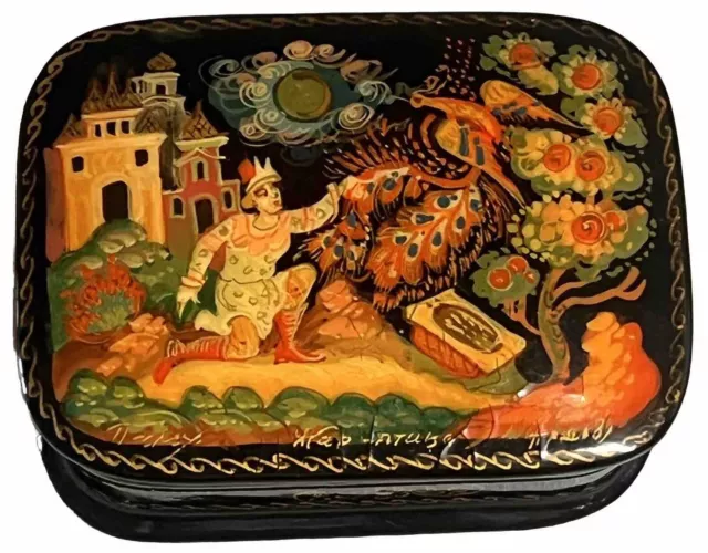 Russian Lacquered Trinket Box Peacock Hand Painted Artist Signed 3"