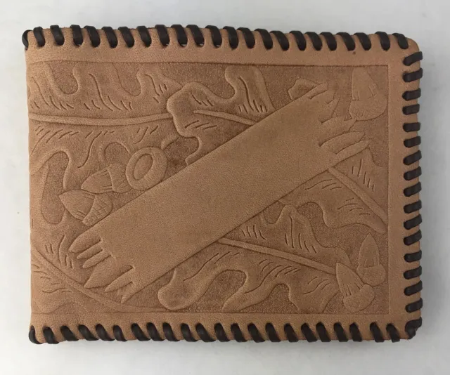 Vintage Hand Tooled Leather Bifold Wallet Light Brown Acorn Leaves