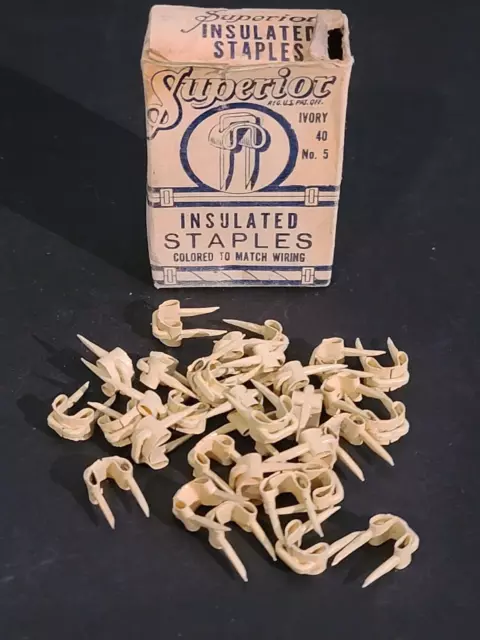 (BOX OF 33) Vintage Superior Insulated Wiring Staples Ivory # 5