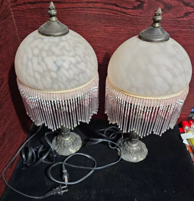 Pair Boudoir Lamp Beaded Scalloped Fringe Frosted Pink Glass Globe Cast Base 17”