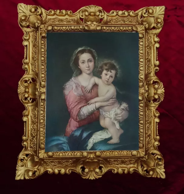 Pintura Religiosa Maria Virgen con Niño By Murillo Barroca Antiguo Look 45x38cm