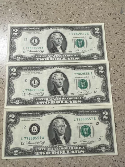 1978 2$ Two Dollar Bill - Very Good Condition In Numerical Order L 77869557-9 A