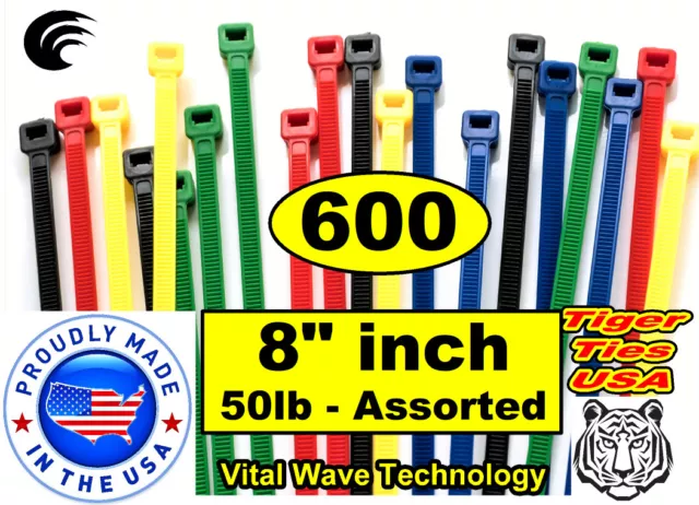 600 ASSORTED 8" inch Wire Cable Ties Nylon Tie Wraps 50lb USA Made Tiger Ties