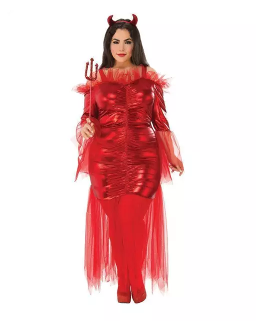 Red Devil Plus Size Costume for Adults Womens Metallic Dress w Horns Halloween