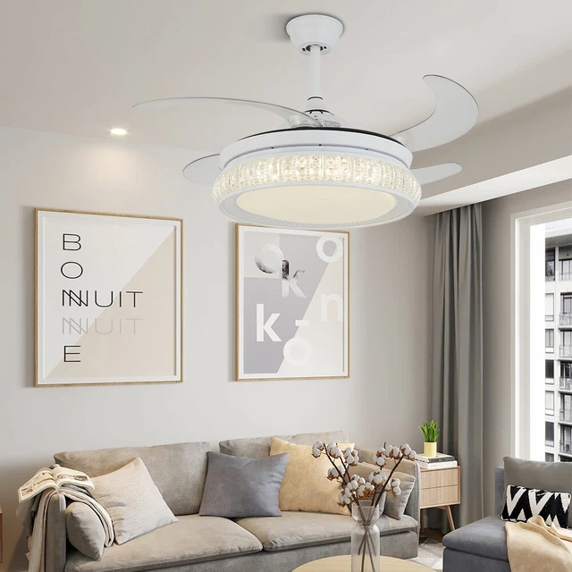 42" Crystal Ceiling Fan Light Chandelier Retractable Blades Fan Lamp w/ Remote