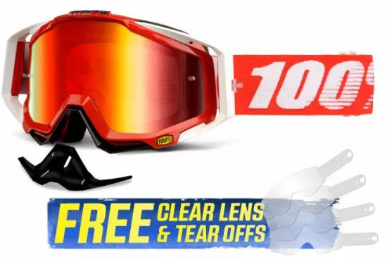 100% Racecraft Goggles Fire Red / Red Mirror Lens Off-Road Moto MTB ATV Quad