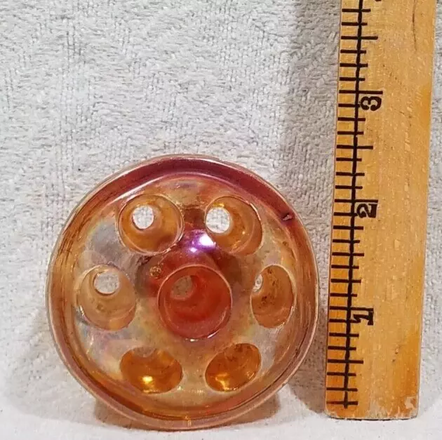 Vintage Amber Carnival Depression Iridescent Domed Glass Flower Frog 7 Hole 2