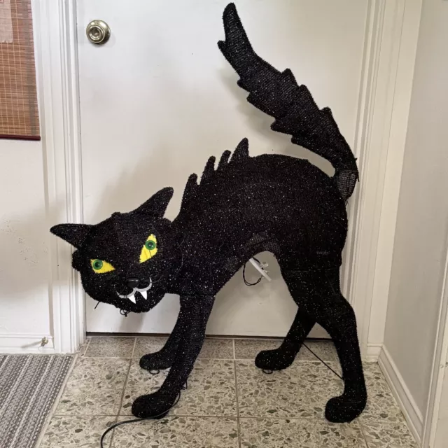 Halloween Black Scary Cat Animated and Lighted Wire Frame Large 43”