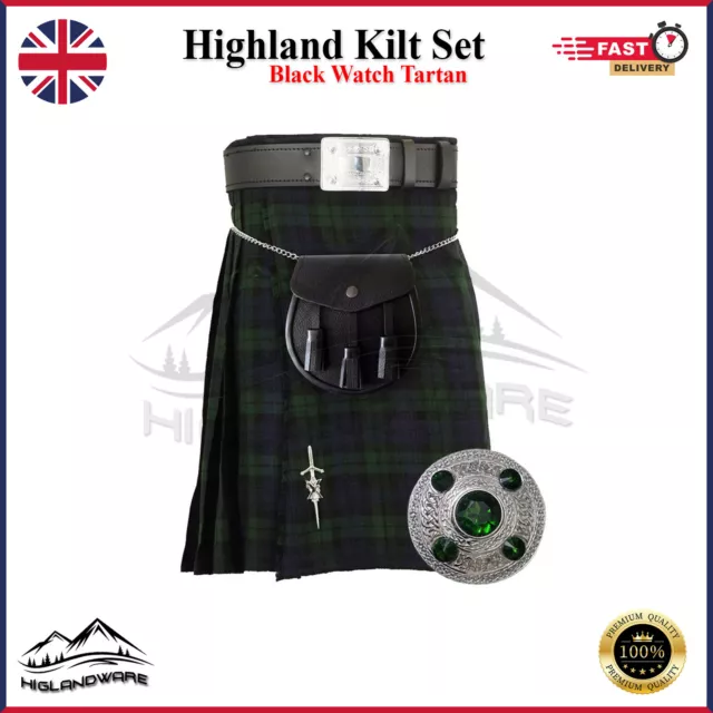 6 Pcs Set Highland Scottish Men's Kilt Black Watch Tartan 5 Yards 13 Oz.  NEW