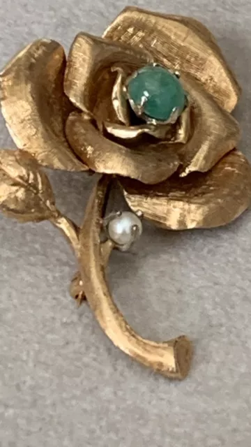 Vintage Mid Century 14 Karat Rose Gold Flower Brooch With Jade And Pearl