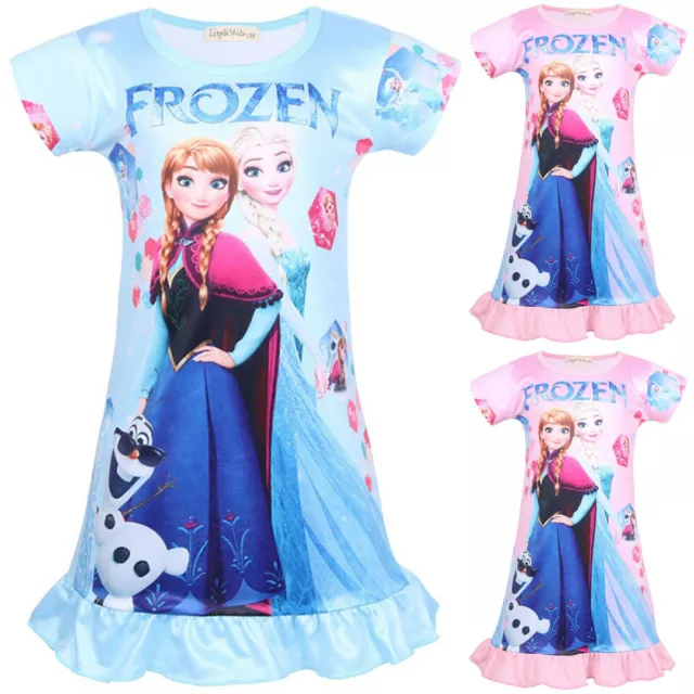 Kids Girls Disney Frozen Elsa Anna T-Shirt Dress Nightdress Pyjamas Nightie PJs#