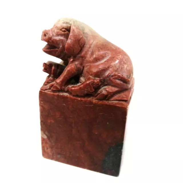 genuine vintage Chinese Carved Stone Pig With piglet red marble paperweight