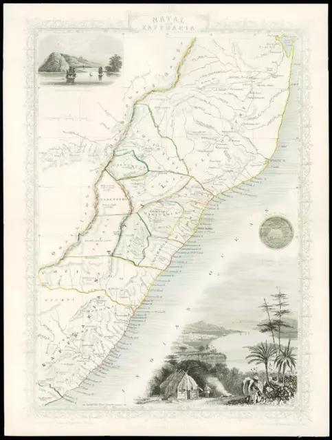 1851 "NATAL & KAFFRARIA" Original Antique Map Tallis PORT NATAL DURBAN (DW148)