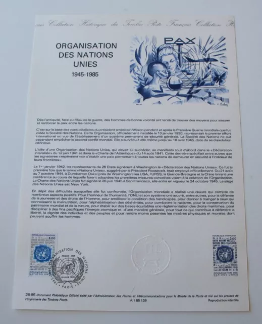 Timbre Document Officiel 1er jour 1985 NEUF Poste Organisation des Nations Unies