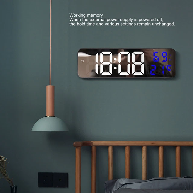 LED 9.1in Mirror Clock Multifunctional Digital Alarm Date Humidity Clock For Bed