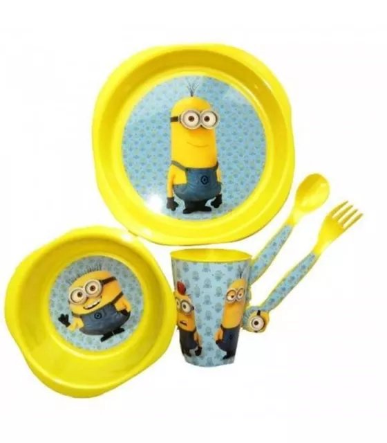 Minions Kids Toddlers 5Pcs Dinner Breakfast Lunch Set Plate Bowl Glass Cutlery