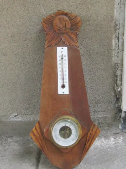 Antique French Art Deko 1920 wall barometer thermometer carved wood