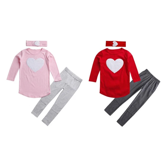 3pcs Girls Clothes Set Kids Warm Cute Heart Tops Leggings Headband