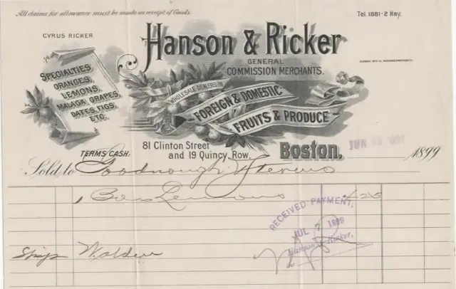 Boston Massachusetts antique billhead  Hanson & Ricker 1899 Merchants