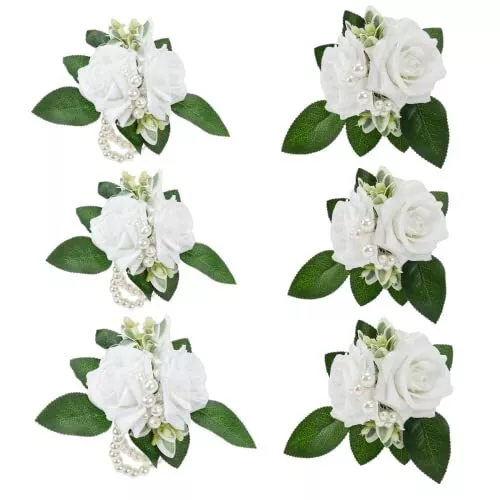 Meldel Prom Wrist Corsage and Boutonniere Set for Wedding White Rose Boutonni...