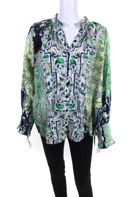 Mariacher Womens Silk Abstract Print Buttoned Long Sleeve Blouse Green Size L