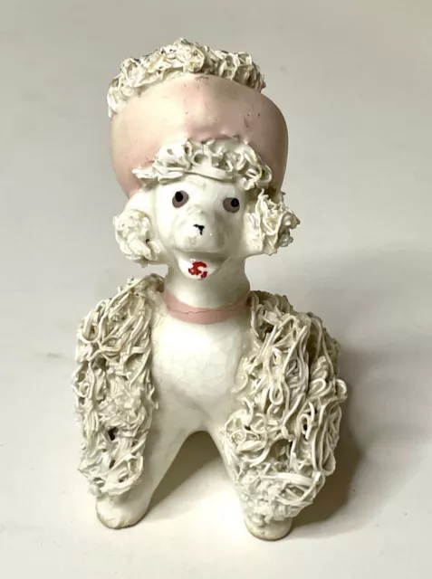 Vintage Spaghetti Poodle Dog Figurine 1950s White Pink Hat MCM