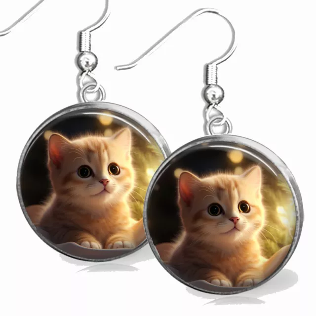 Orange Tabby Kitty Cat Lover Mom Gift .925 Sterling 20mm Dangle Earrings