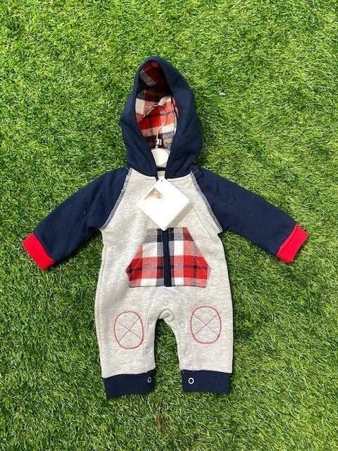 NEW Baby Boys Onesiee Outfit All In One Outfit Tartan Hooded By Pitter Patter