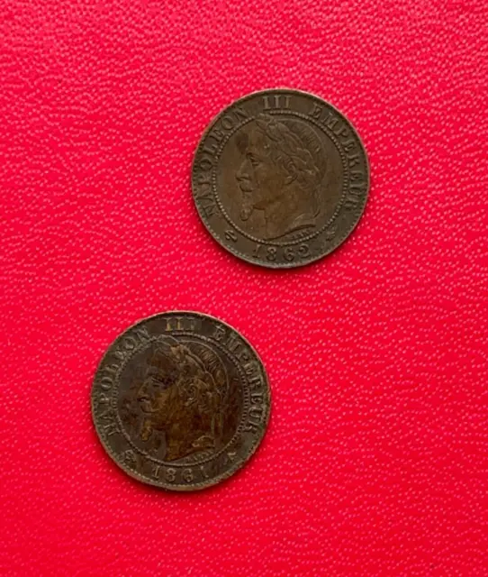 Beau lot de 2 monnaies de 1 centime Napoléon III 1861 A et 1862 A. Etat TB/TTB