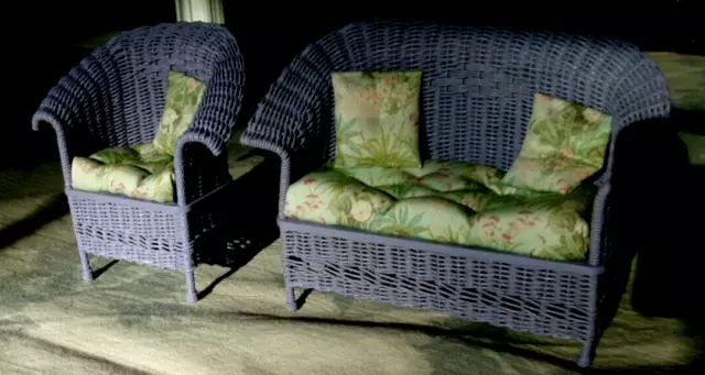 Dollhouse Handwoven Wicker Sofa & Chair w Seat Cushion & Pillows Artisan  1:12