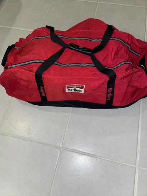Vintage 90's MARLBORO Gear Rolling Duffle Bag with Wheels Rugged Red & Black Bag