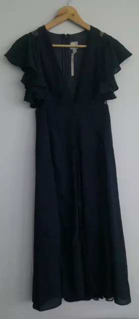 ASOS Midi Dress Lace Godet Panels Ruffle V-Neck Short Sleeve Navy Size 4 NWT