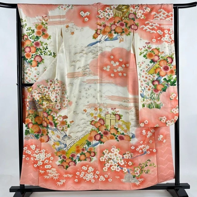Japanese Kimono Furisode Pure Silk An Ox Drawn Coach Chrysanthemum Pink Color