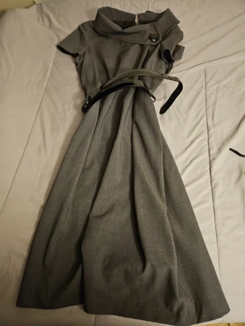 Tahari Arthur S. Levine Dress Womens 12 Pleated Collared Belt Short Sleeve Gray