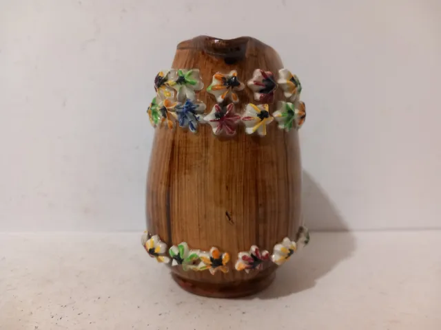 Italienische Kunst Keramik braune Krug/Posy Vase mit aufgetragenen Blumen Vintage 1960er 2
