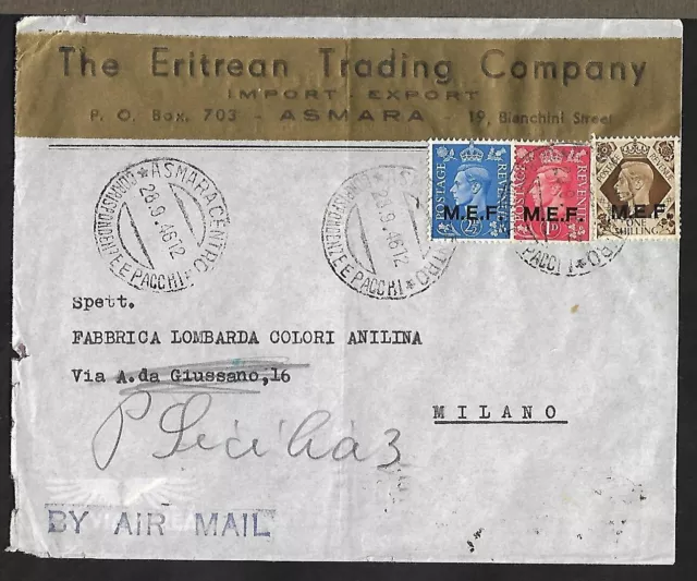 Eritrea British Occupation To Italy Air Mail M.e.f. Ovpt Stamps On Cover 1946