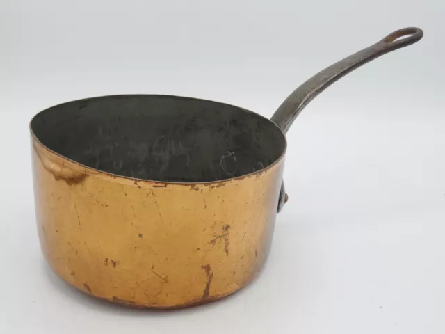 ANTIQUE 19c FRENCH TINED COPPER SAUCEPAN with RIVETED IRON HANDLE