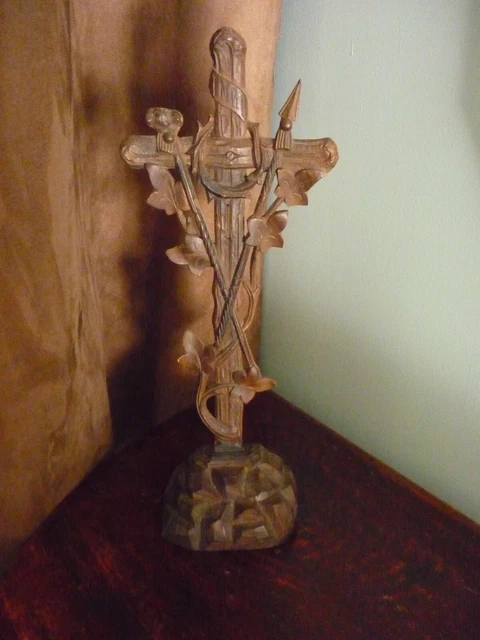 Antique French Black Forest Wood Carved  Cross Crucifix Christ Religious