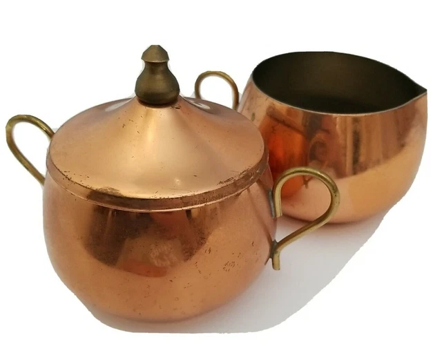 Copper Creamer and Lidded Sugar Bowl Metal Serving Set Vintage Brass Handles VTG