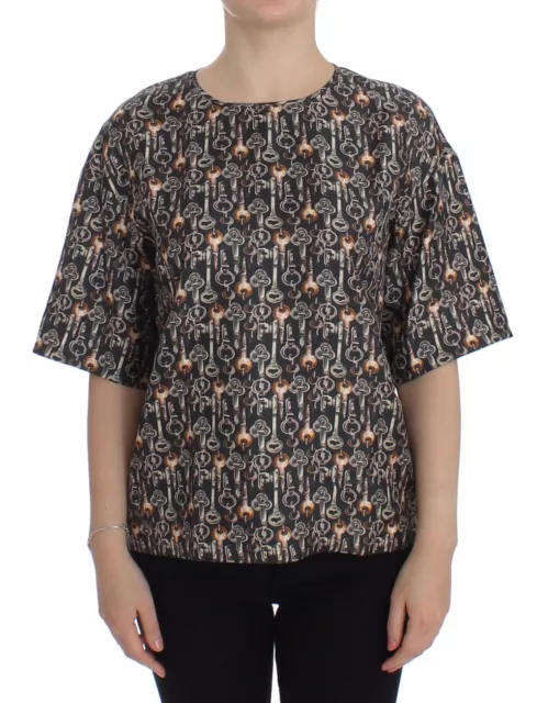 DOLCE & GABBANA Gray Gold Key Print Silk Blouse T-shirt IT38/ US4 /XS RRP $800