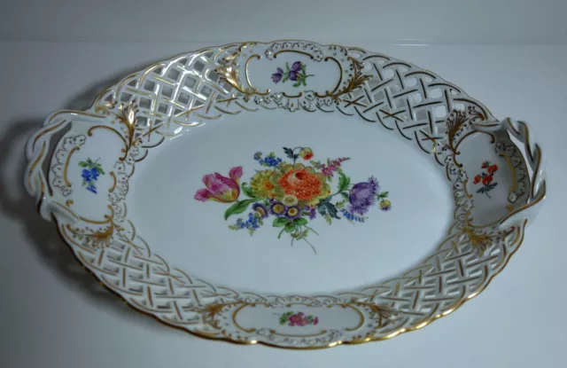 Antike Meissen 1.Wahl Grosse Durchbruch Schale,Prunkschale,Gold/Blumen