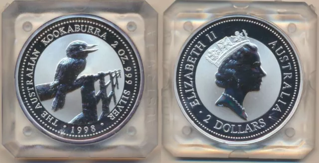 Australia: 1998 $2 2oz Silver Kookaburra Specimen UNC, in Perth Mint Sq Capsule