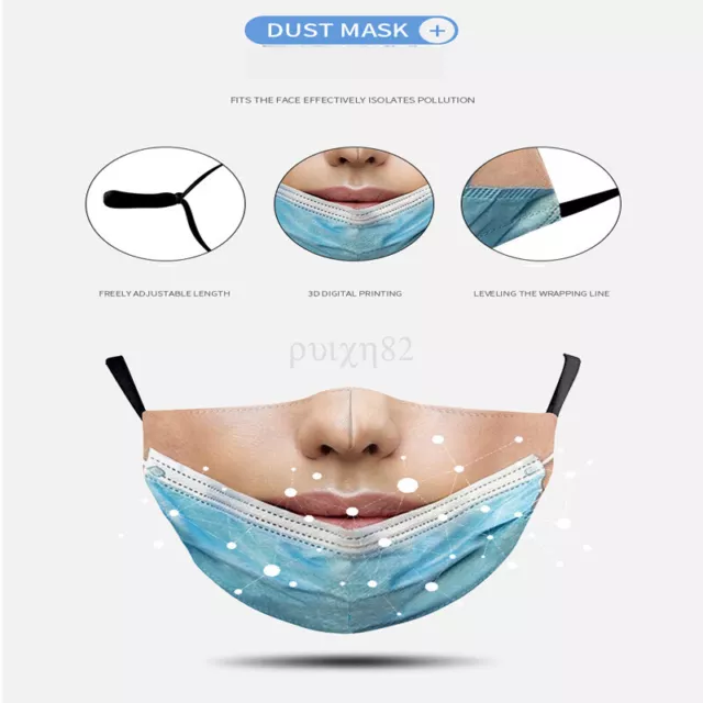 With PM2.5 Filter 3D Print Funny Face Mask Nose Mouth Protective Washable New