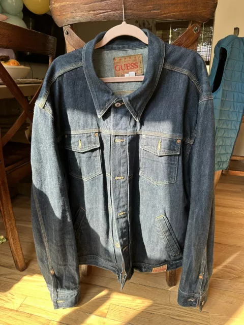 Vtg Guess Denim Trucker Jeans Jacket Blue Dark Wash Mens Large Size XXXL (3XL)