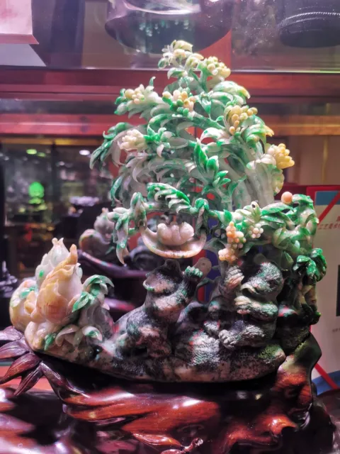 Chinese Exquisite Handmade Flowers and Panda carving Jadeite Jade Statue